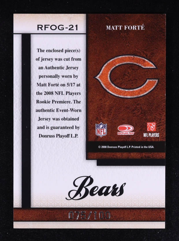 Matt Forte 2008 Leaf Certified Materials Rookie Fabric of the Game Position #21 #075/100 RC at PristineAuction.com Matt Forte 2008 Leaf Certified Materials Rookie Fabric of the Game Position #21 #075/100 RC at PristineAuction.com