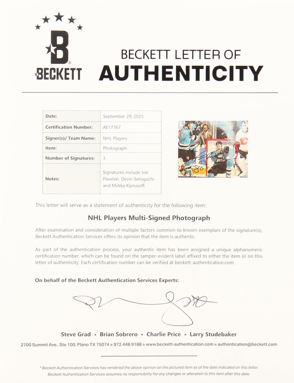 Joe Pavelski, Devin Setoguchi & Miikka Kiprusoff Signed Sharks 8x10 Photo (Beckett) at PristineAuction.com Joe Pavelski, Devin Setoguchi & Miikka Kiprusoff Signed Sharks 8x10 Photo (Beckett) at PristineAuction.com