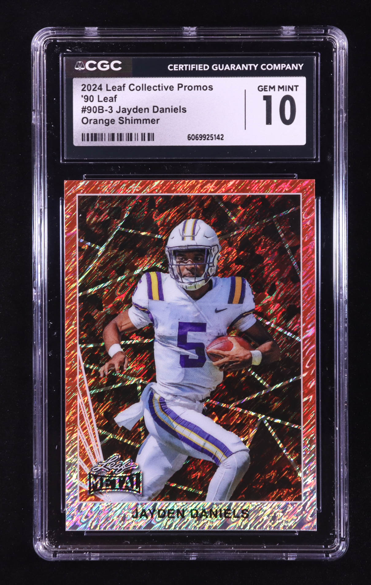 Jayden Daniels 2024 Leaf Collective Promo '90 Leaf Shimmer Orange #90B3 RC #159/299 (CGC 10) at PristineAuction.com Jayden Daniels 2024 Leaf Collective Promo '90 Leaf Shimmer Orange #90B3 RC #159/299 (CGC 10) at PristineAuction.com