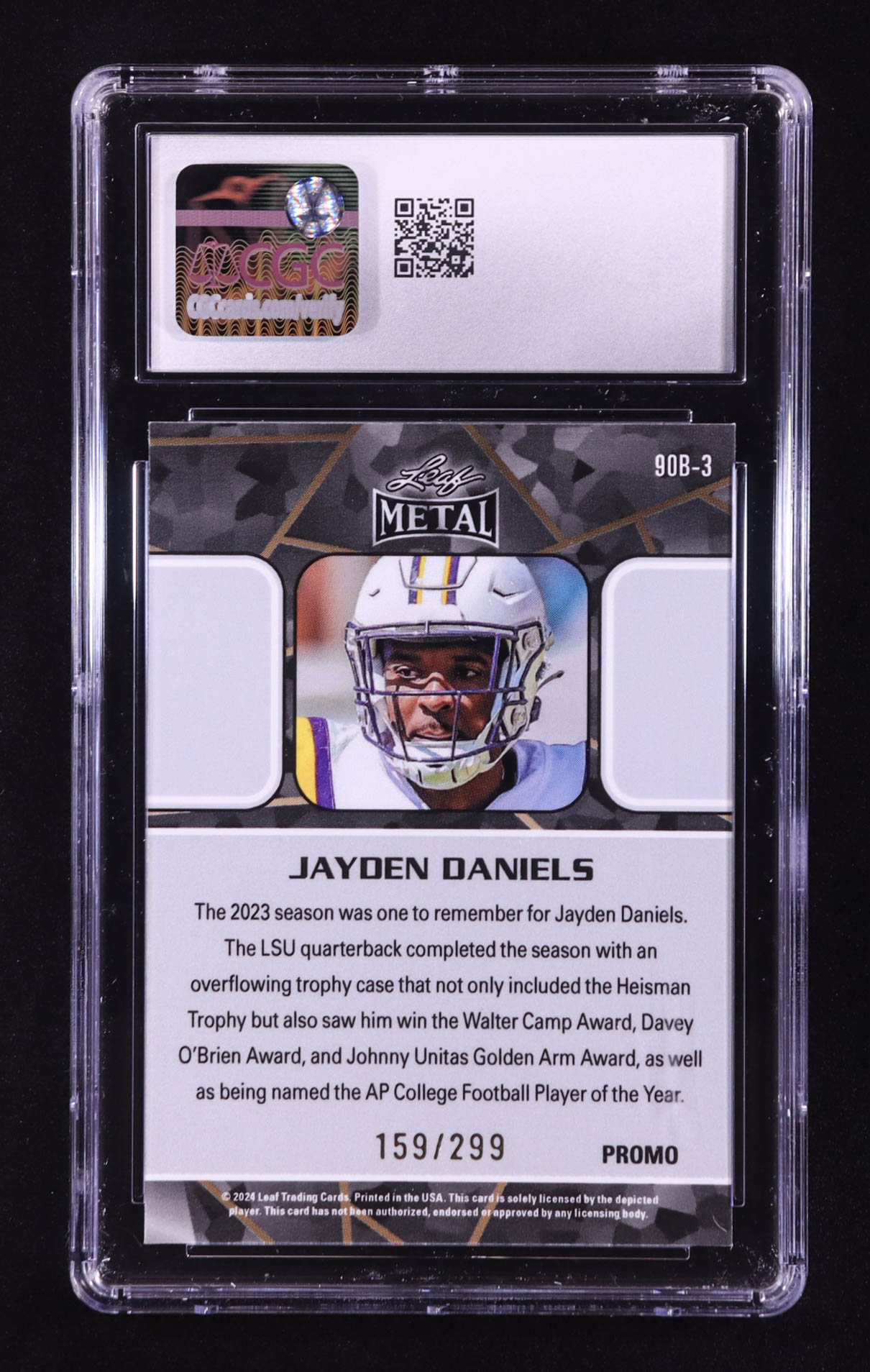 Jayden Daniels 2024 Leaf Collective Promo '90 Leaf Shimmer Orange #90B3 RC #159/299 (CGC 10) at PristineAuction.com Jayden Daniels 2024 Leaf Collective Promo '90 Leaf Shimmer Orange #90B3 RC #159/299 (CGC 10) at PristineAuction.com