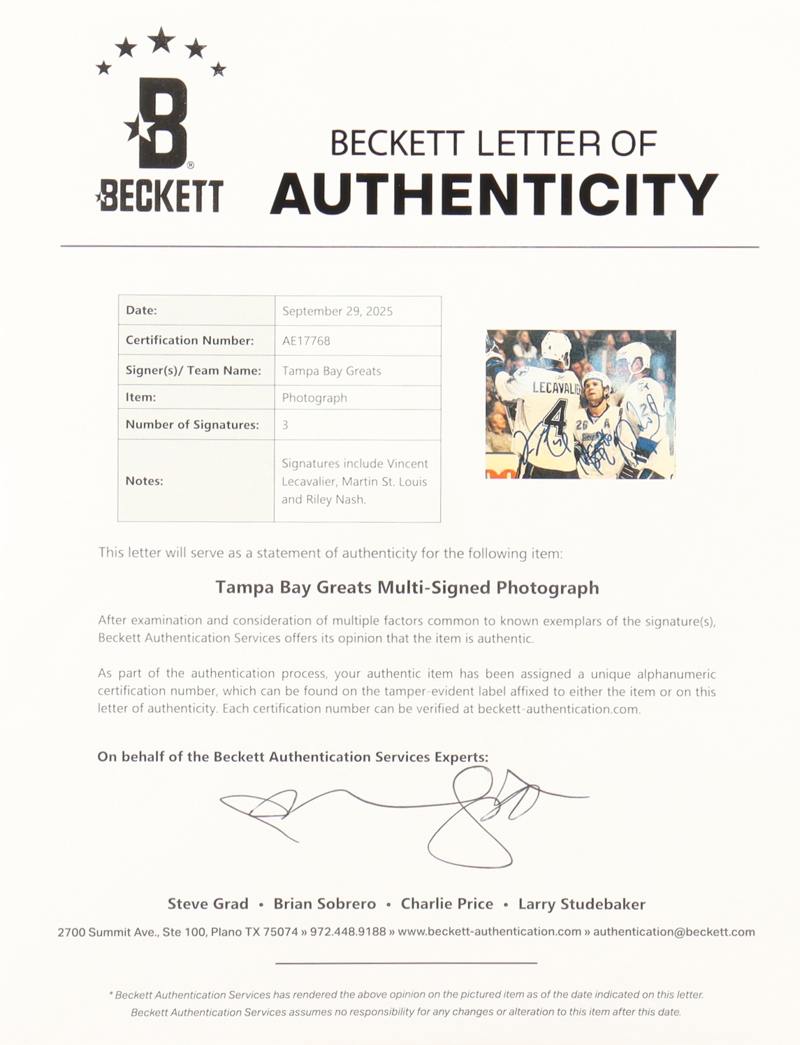 Vincent Lecavalier, Martin St. Louis & Vinny Prospal Signed Lightning 8x10 Photo (Beckett) at PristineAuction.com Vincent Lecavalier, Martin St. Louis & Vinny Prospal Signed Lightning 8x10 Photo (Beckett) at PristineAuction.com