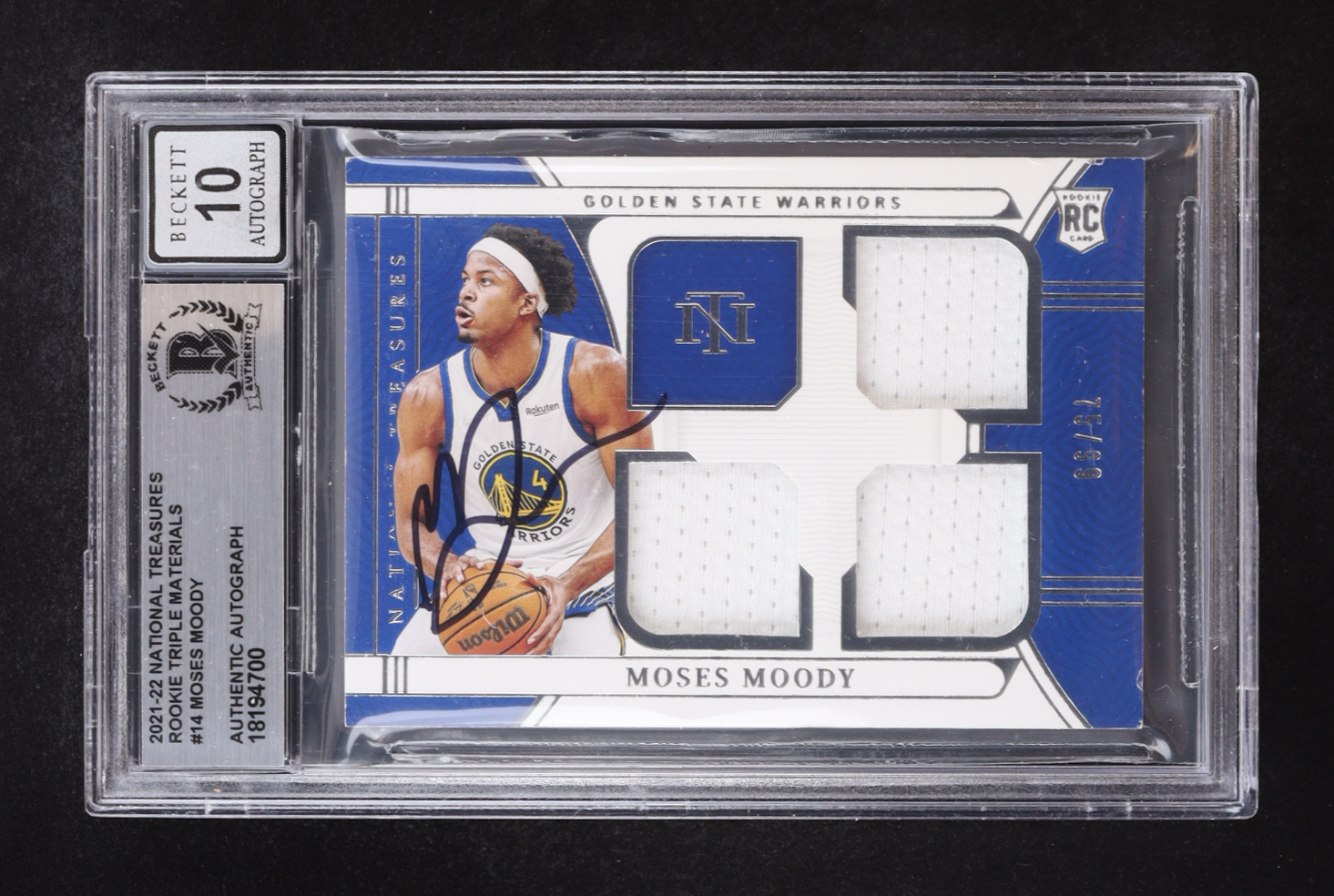 Moses Moody Signed 2021-22 National Treasures Rookie Triple Materials #14 #75/99 RC (BGS | Auto 10) at PristineAuction.com Moses Moody Signed 2021-22 National Treasures Rookie Triple Materials #14 #75/99 RC (BGS | Auto 10) at PristineAuction.com