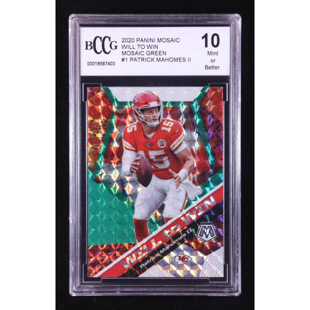 Patrick Mahomes II 2020 Panini Mosaic Will to Win Mosaic Green #1 (BCCG 10) at PristineAuction.com