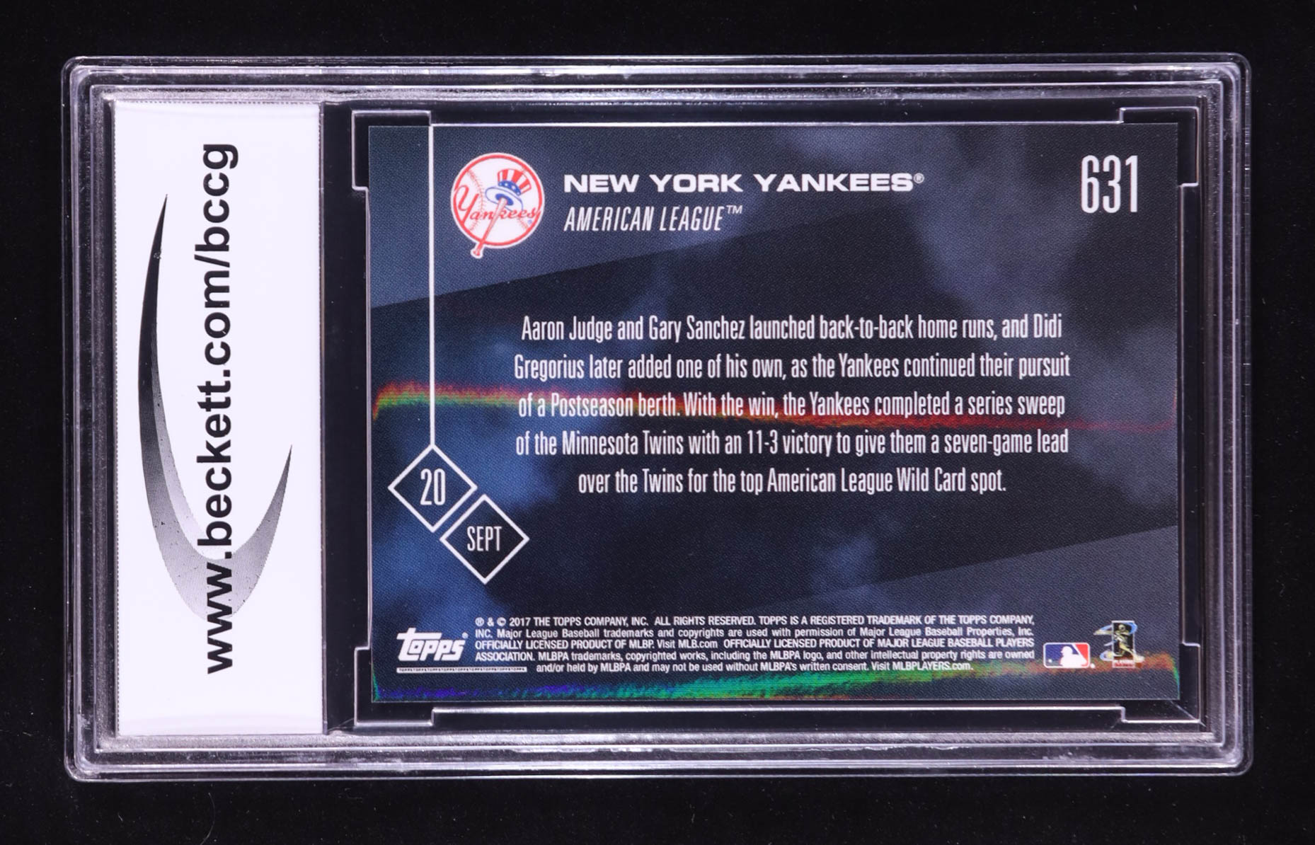 Aaron Judge 2017 Topps Now #631 New York Yankees Sweep Twins RC (BCCG 10) at PristineAuction.com Aaron Judge 2017 Topps Now #631 New York Yankees Sweep Twins RC (BCCG 10) at PristineAuction.com