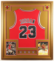 Michael Jordan Custom Framed Jersey Display with (4) Bulls Championship Pins at PristineAuction.com