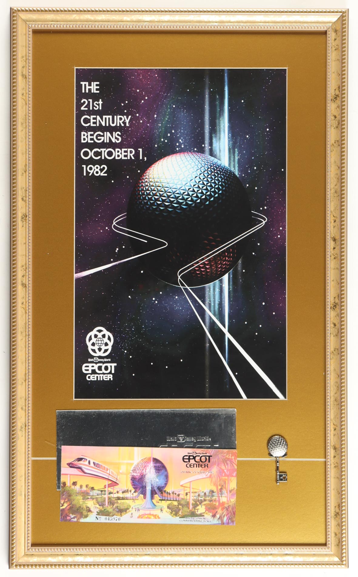 Disney World "Epcot Center" Grand Opening Custom Framed Poster with Opening Day Ticket, Silver Envelope & Vintage Epcot Key Pin at PristineAuction.com Disney World "Epcot Center" Grand Opening Custom Framed Poster with Opening Day Ticket, Silver Envelope & Vintage Epcot Key Pin at PristineAuction.com
