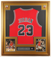 Michael Jordan Custom Framed Jersey Display With 75 Best Pin & (2) Bulls Logo Pins at PristineAuction.com