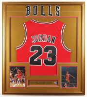 Michael Jordan Custom Framed Jersey Display With 1996 Champions Pin at PristineAuction.com