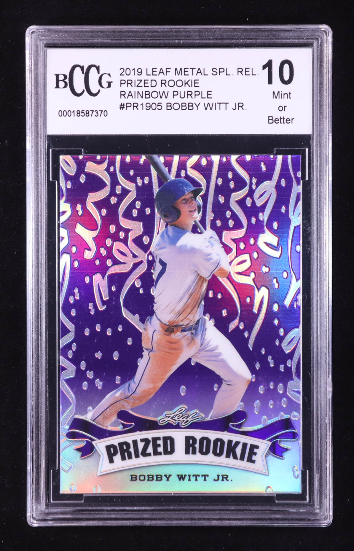 Bobby Witt Jr. 2019 Leaf Metal Special Release Prized Rookie Rainbow Purple #PR1905 #/15 RC (BCCG 10) at PristineAuction.com Bobby Witt Jr. 2019 Leaf Metal Special Release Prized Rookie Rainbow Purple #PR1905 #/15 RC (BCCG 10) at PristineAuction.com