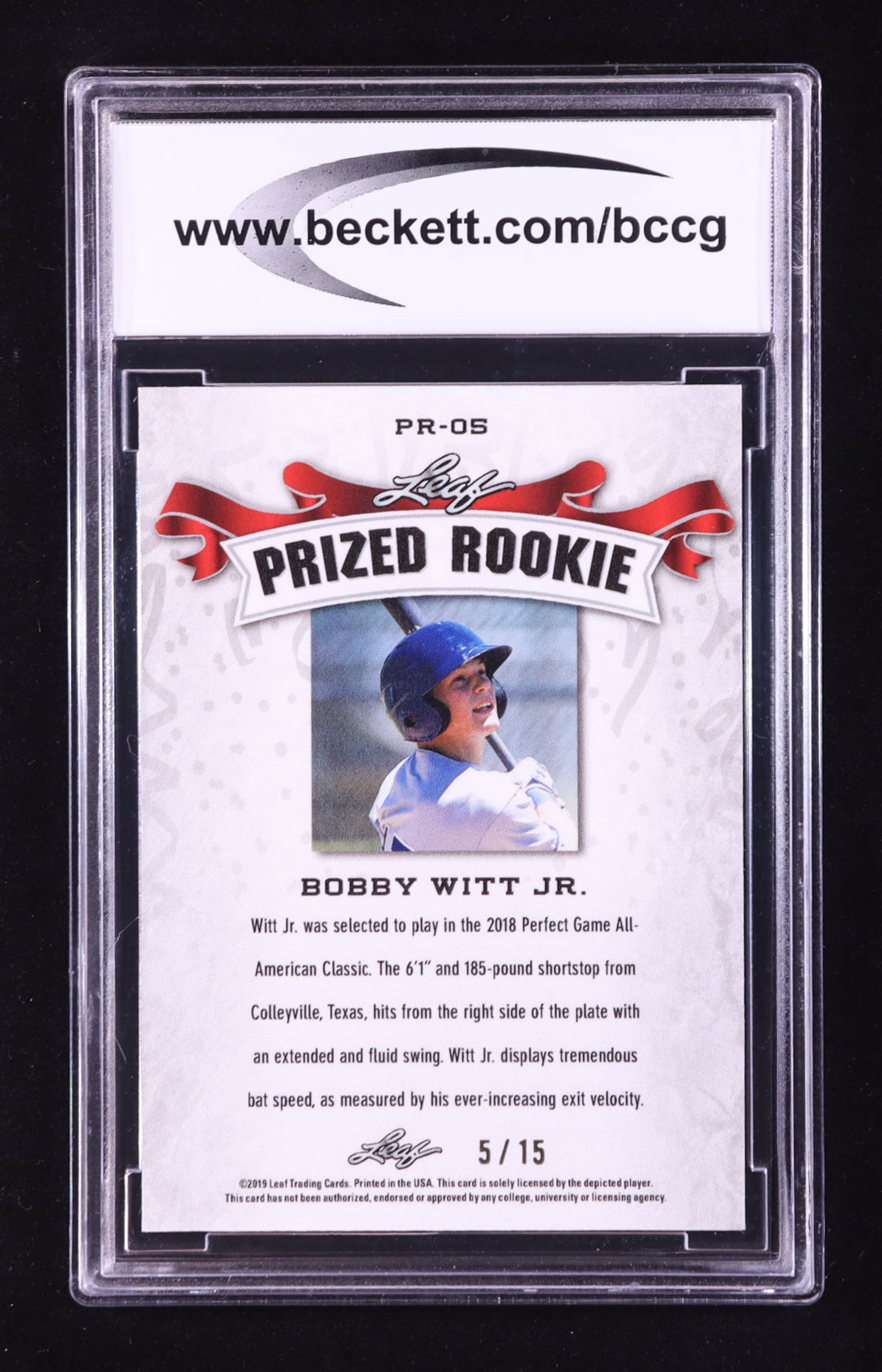 Bobby Witt Jr. 2019 Leaf Metal Special Release Prized Rookie Rainbow Purple #PR1905 #/15 RC (BCCG 10) at PristineAuction.com Bobby Witt Jr. 2019 Leaf Metal Special Release Prized Rookie Rainbow Purple #PR1905 #/15 RC (BCCG 10) at PristineAuction.com