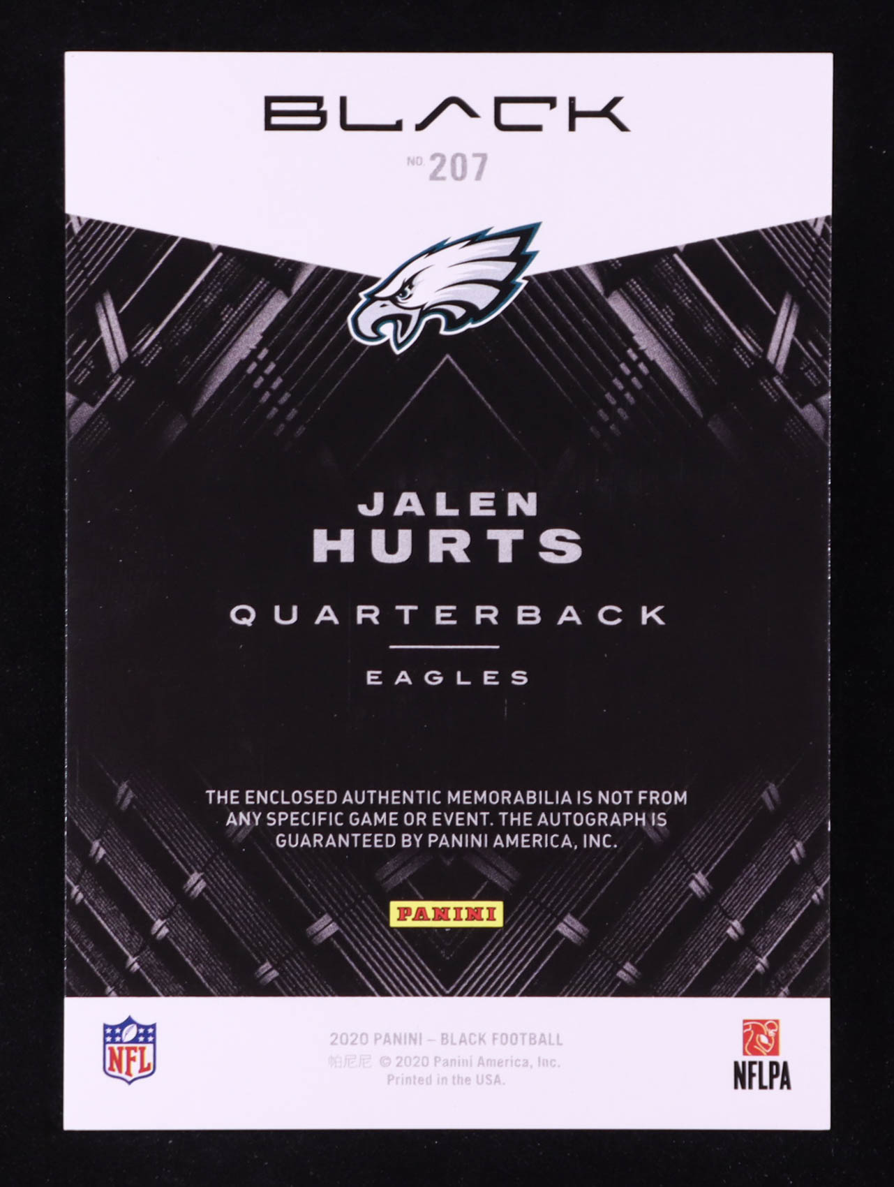 Jalen Hurts 2020 Panini Black #207 Jersey Autograph #037/199 RC at PristineAuction.com Jalen Hurts 2020 Panini Black #207 Jersey Autograph #037/199 RC at PristineAuction.com