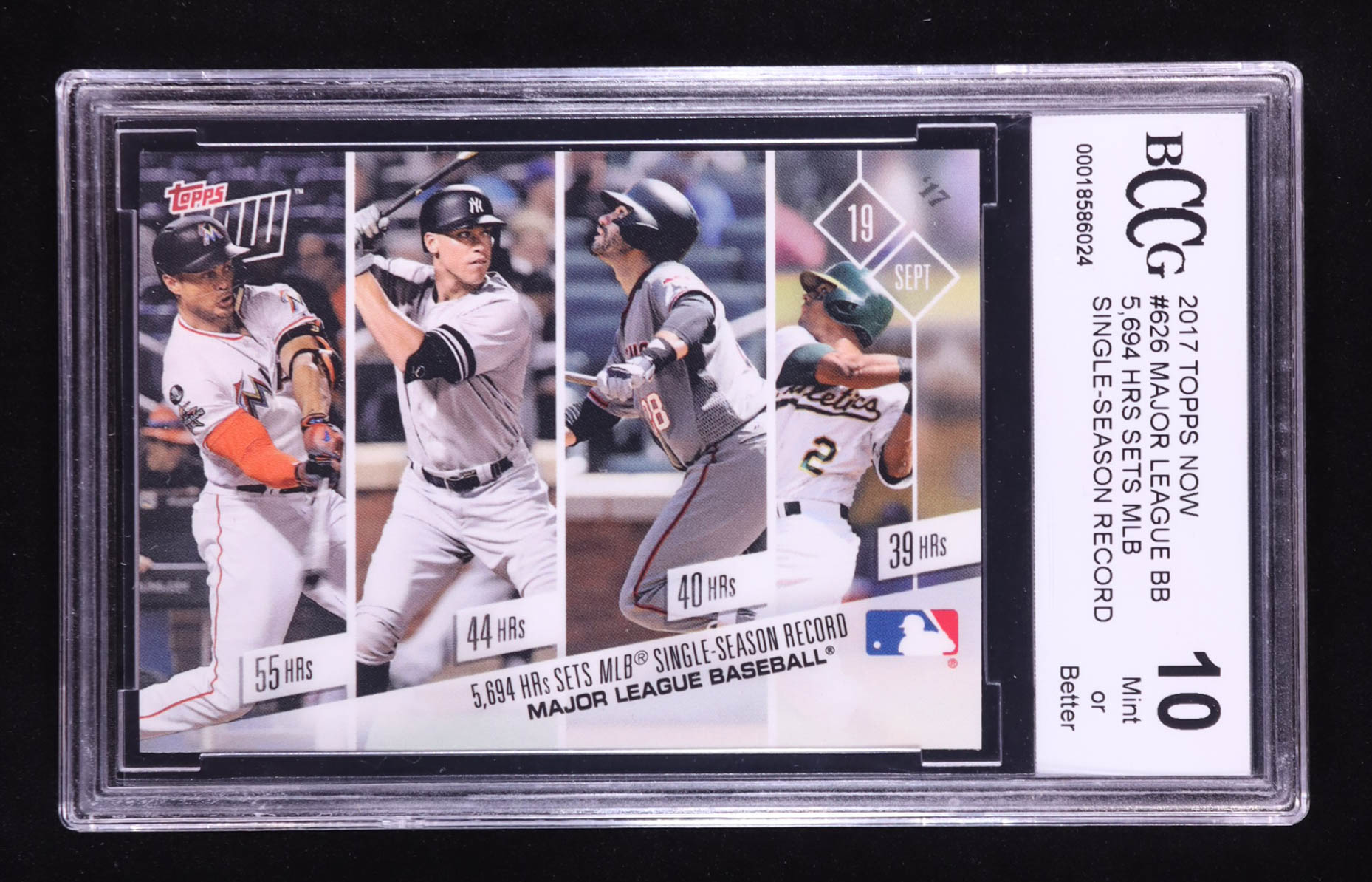 Giancarlo Stanton / Aaron Judge RC / JD Martinez / Khris Davis 2017 Topps Now #626 5,694 HRs Sets MLB Single-Season Record (BCCG 10) at PristineAuction.com Giancarlo Stanton / Aaron Judge RC / JD Martinez / Khris Davis 2017 Topps Now #626 5,694 HRs Sets MLB Single-Season Record (BCCG 10) at PristineAuction.com