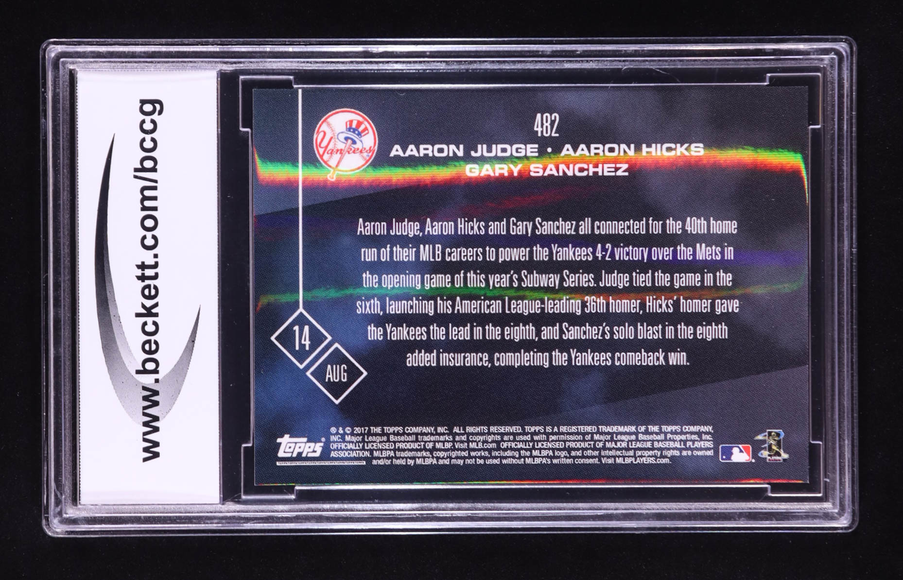 Aaron Judge RC / Aaron Hicks / Gary Sanchez 2017 Topps Now #482 Power Yankees Victory (BCCG 10) at PristineAuction.com Aaron Judge RC / Aaron Hicks / Gary Sanchez 2017 Topps Now #482 Power Yankees Victory (BCCG 10) at PristineAuction.com