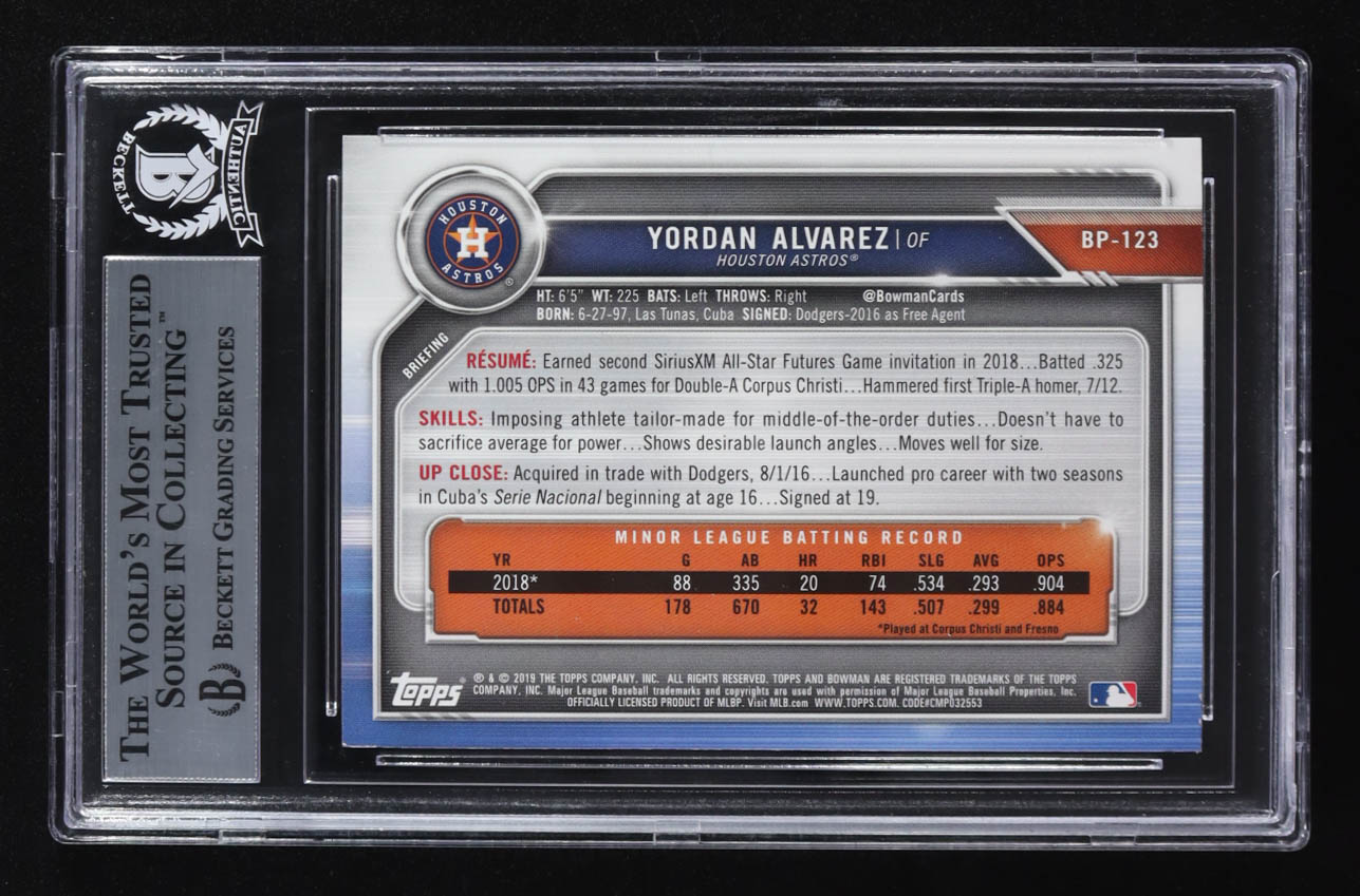Yordan Alvarez Signed 2019 Bowman Prospects Auto #BP-123 RC (Beckett | Autograph Grade BGS Authentic) at PristineAuction.com Yordan Alvarez Signed 2019 Bowman Prospects Auto #BP-123 RC (Beckett | Autograph Grade BGS Authentic) at PristineAuction.com