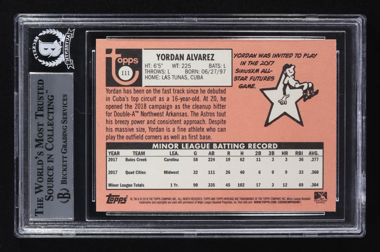Yordan Alvarez Signed 2018 Topps Heritage Minors Hooks Auto #111 RC (Beckett | Autograph Grade BGS Authentic) at PristineAuction.com Yordan Alvarez Signed 2018 Topps Heritage Minors Hooks Auto #111 RC (Beckett | Autograph Grade BGS Authentic) at PristineAuction.com