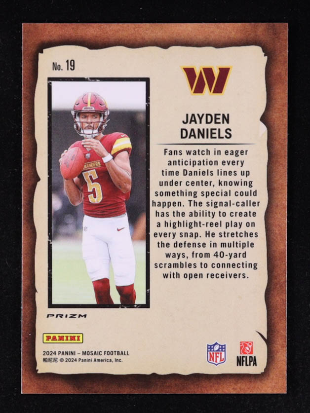 Jayden Daniels 2024 Panini Mosaic Notoriety Mosaic Green #19 RC at PristineAuction.com Jayden Daniels 2024 Panini Mosaic Notoriety Mosaic Green #19 RC at PristineAuction.com