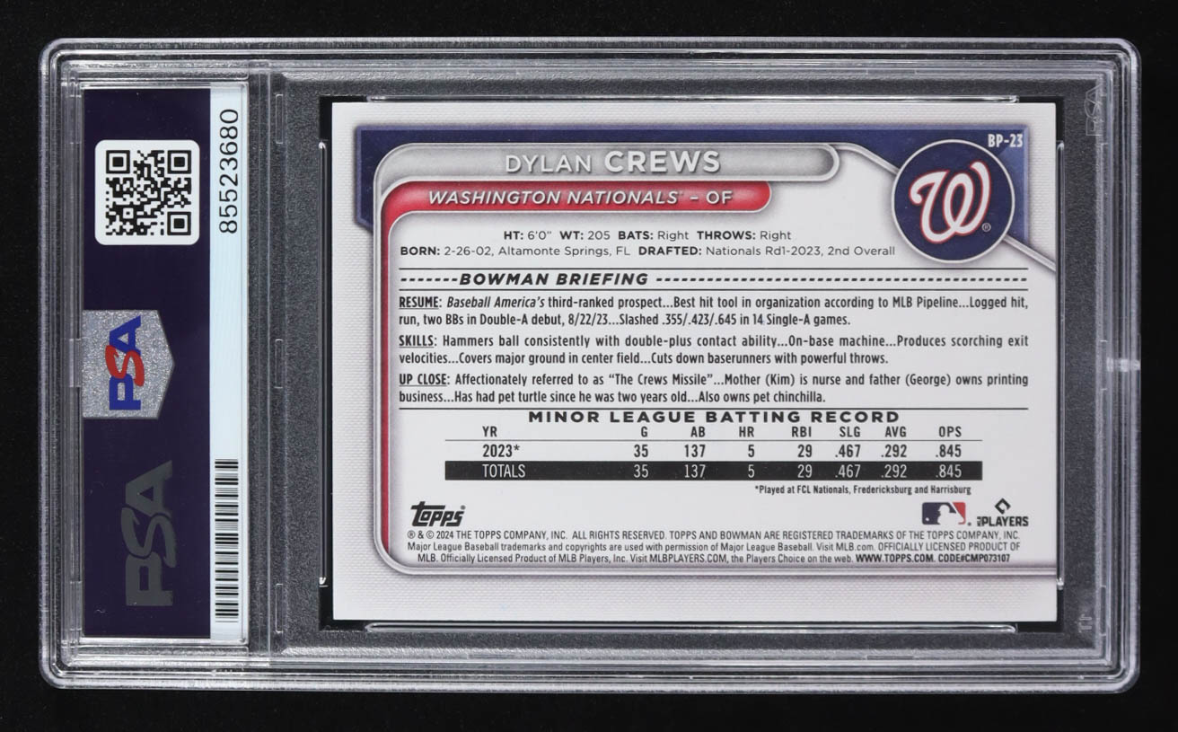 Dylan Crews Signed 2024 Topps 1st Bowman #BP-23 RC (PSA) at PristineAuction.com Dylan Crews Signed 2024 Topps 1st Bowman #BP-23 RC (PSA) at PristineAuction.com