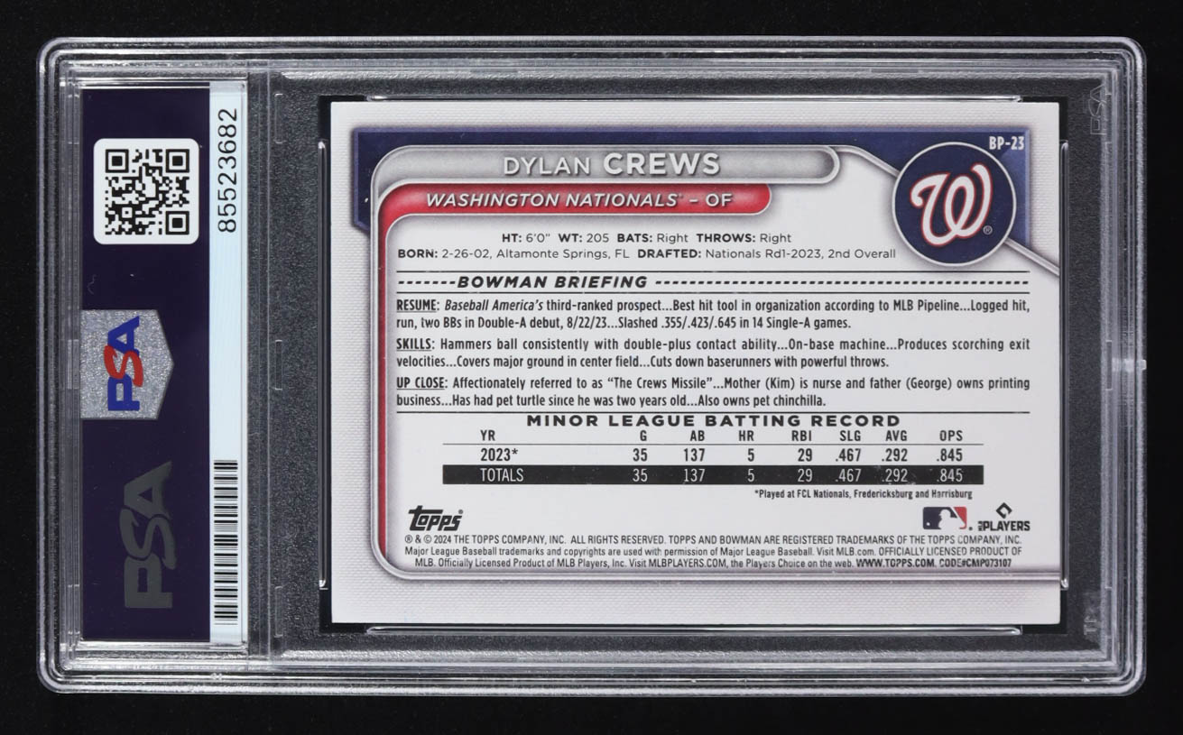 Dylan Crews Signed 2024 Topps 1st Bowman #BP-23 RC (PSA) at PristineAuction.com Dylan Crews Signed 2024 Topps 1st Bowman #BP-23 RC (PSA) at PristineAuction.com
