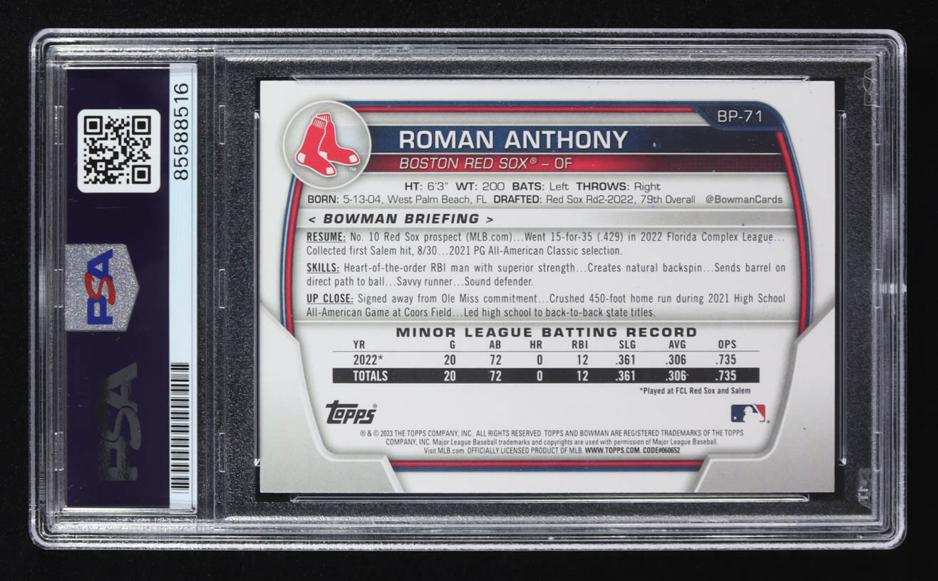 Roman Anthony Signed 2023 Topps 1st Bowman #BP-71 RC (PSA) at PristineAuction.com Roman Anthony Signed 2023 Topps 1st Bowman #BP-71 RC (PSA) at PristineAuction.com