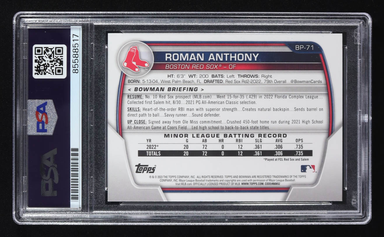 Roman Anthony Signed 2023 Topps 1st Bowman #BP-71 RC (PSA) at PristineAuction.com Roman Anthony Signed 2023 Topps 1st Bowman #BP-71 RC (PSA) at PristineAuction.com