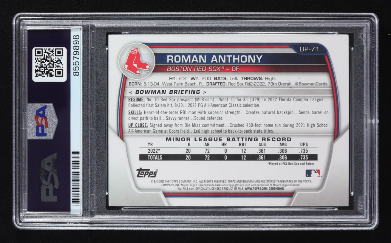 Roman Anthony Signed 2023 Topps 1st Bowman #BP-71 RC (PSA) at PristineAuction.com Roman Anthony Signed 2023 Topps 1st Bowman #BP-71 RC (PSA) at PristineAuction.com