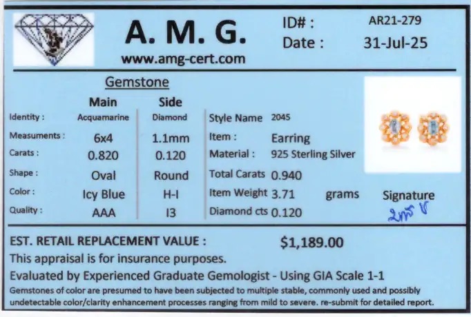 0.94 CTW Aquamarine & Diamond 18K Gold Plated Designer Earrings | Estimated Retail Value $1,189 (AMG) at PristineAuction.com 0.94 CTW Aquamarine & Diamond 18K Gold Plated Designer Earrings | Estimated Retail Value $1,189 (AMG) at PristineAuction.com