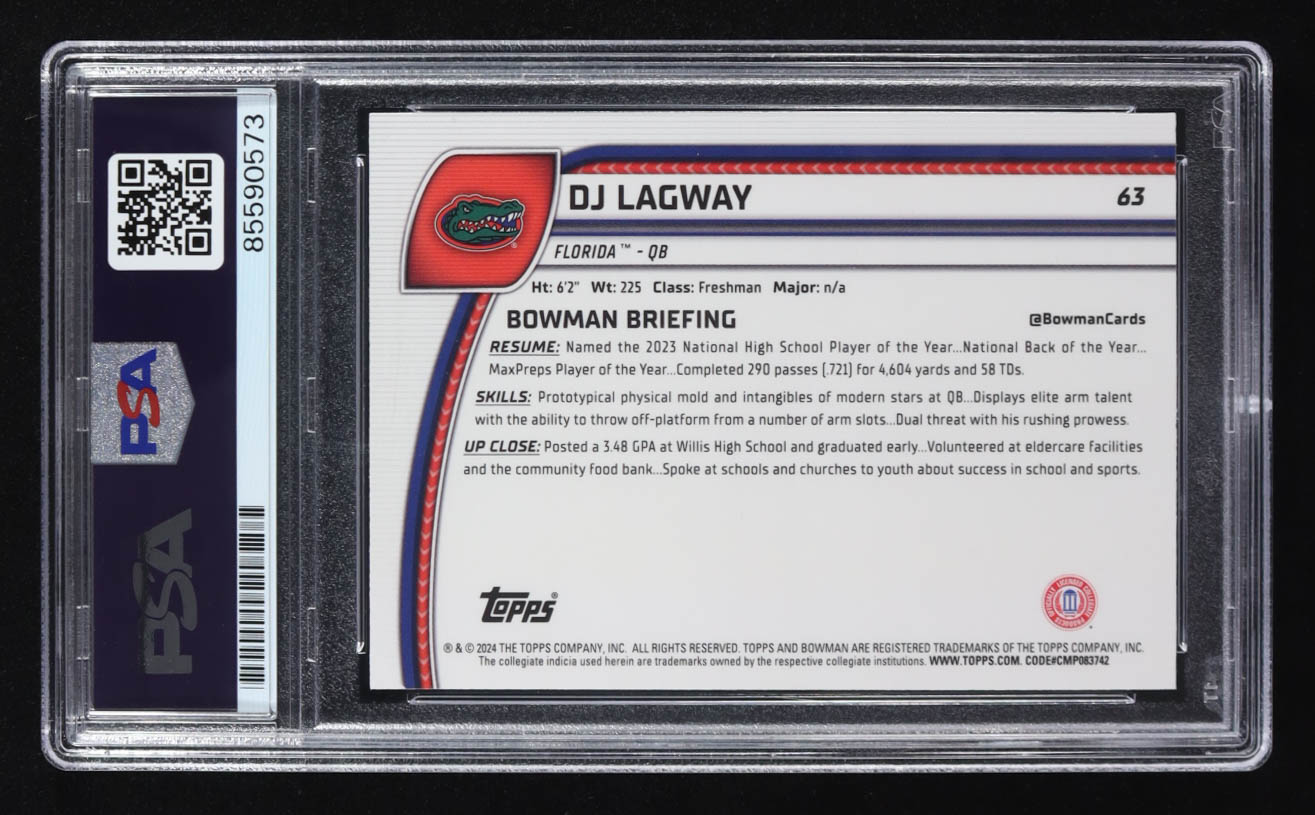 D.J. Lagway Signed 2024 Topps 1st Bowman U Chrome #63 RC (PSA) at PristineAuction.com D.J. Lagway Signed 2024 Topps 1st Bowman U Chrome #63 RC (PSA) at PristineAuction.com