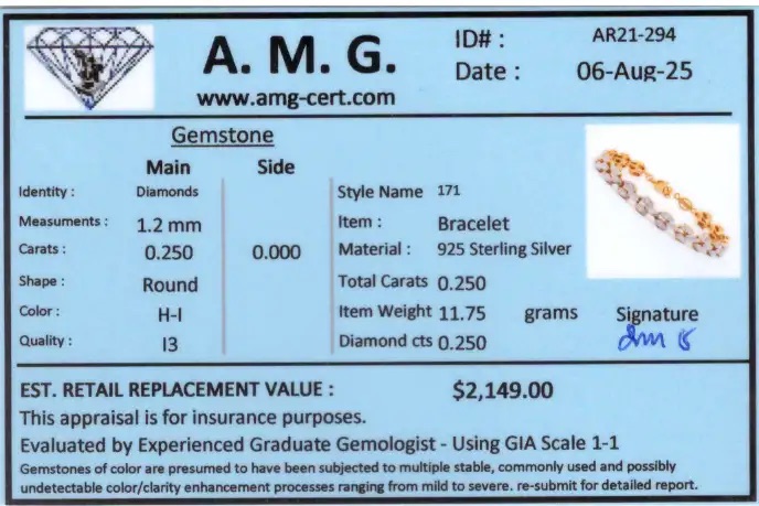 0.25 CTW Natural Diamonds 18K Gold Plated Designer Bracelet 7.5" | Estimated Value $1,149 (AMG) at PristineAuction.com 0.25 CTW Natural Diamonds 18K Gold Plated Designer Bracelet 7.5" | Estimated Value $1,149 (AMG) at PristineAuction.com