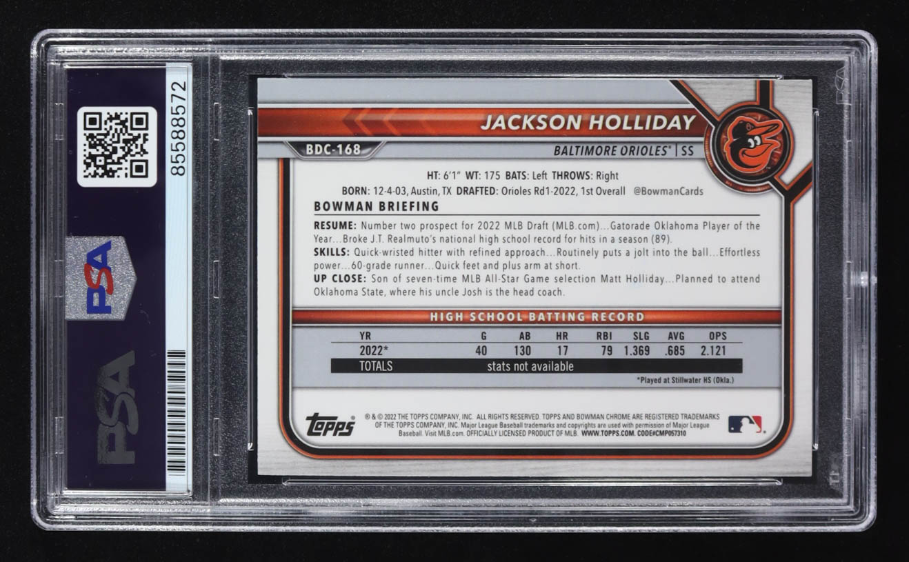 Jackson Holliday Signed 2022 Topps Bowman Chrome 1st #BDC-168 RC (PSA) at PristineAuction.com Jackson Holliday Signed 2022 Topps Bowman Chrome 1st #BDC-168 RC (PSA) at PristineAuction.com