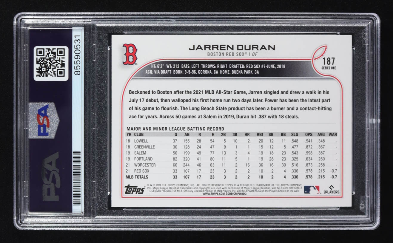 Jarren Duran Signed 2022 Topps Series One #187 RC (PSA | Autograph Graded PSA 10) at PristineAuction.com Jarren Duran Signed 2022 Topps Series One #187 RC (PSA | Autograph Graded PSA 10) at PristineAuction.com