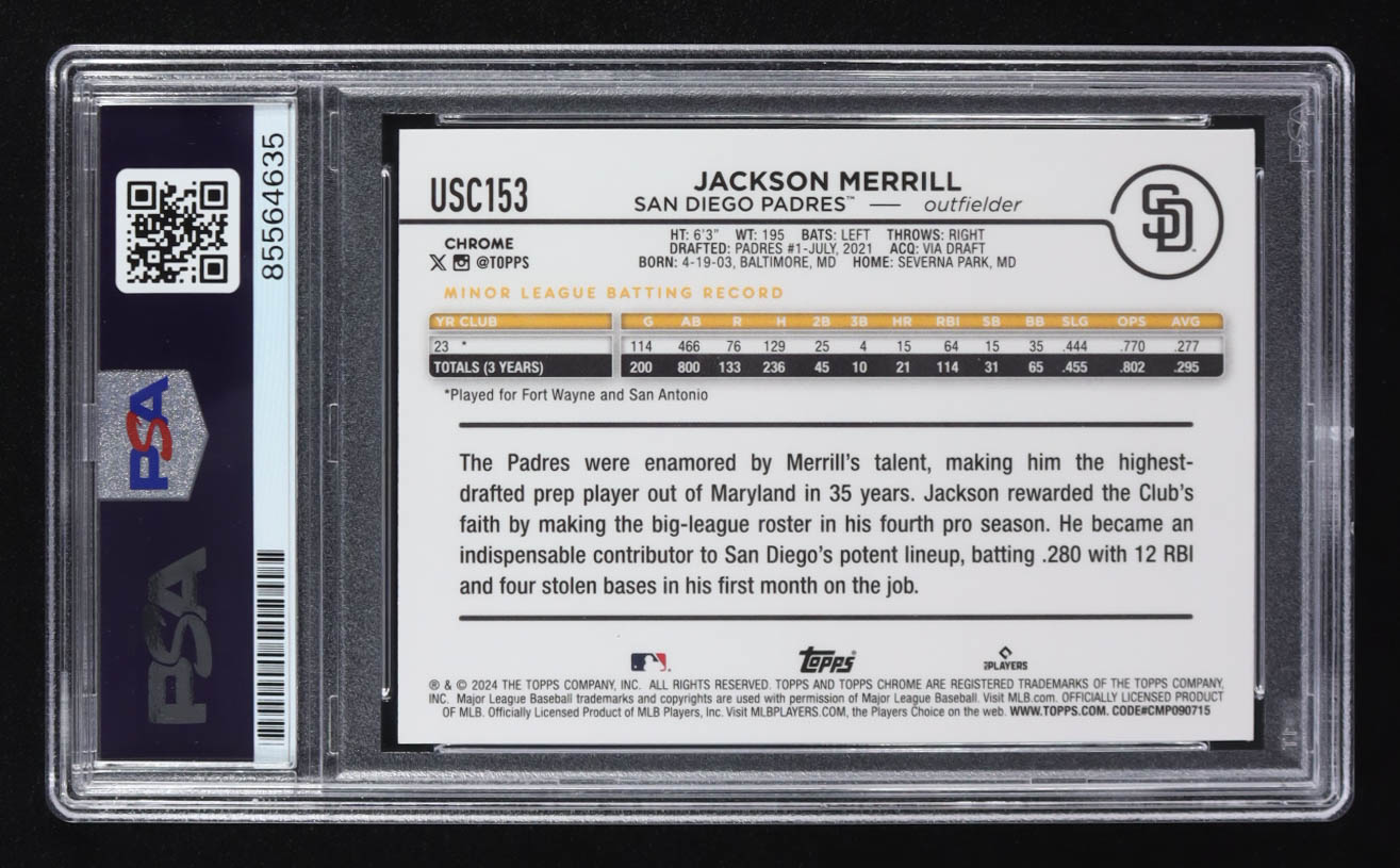 Jackson Merrill Signed 2024 Topps Chrome #USC153 RC (PSA) at PristineAuction.com Jackson Merrill Signed 2024 Topps Chrome #USC153 RC (PSA) at PristineAuction.com