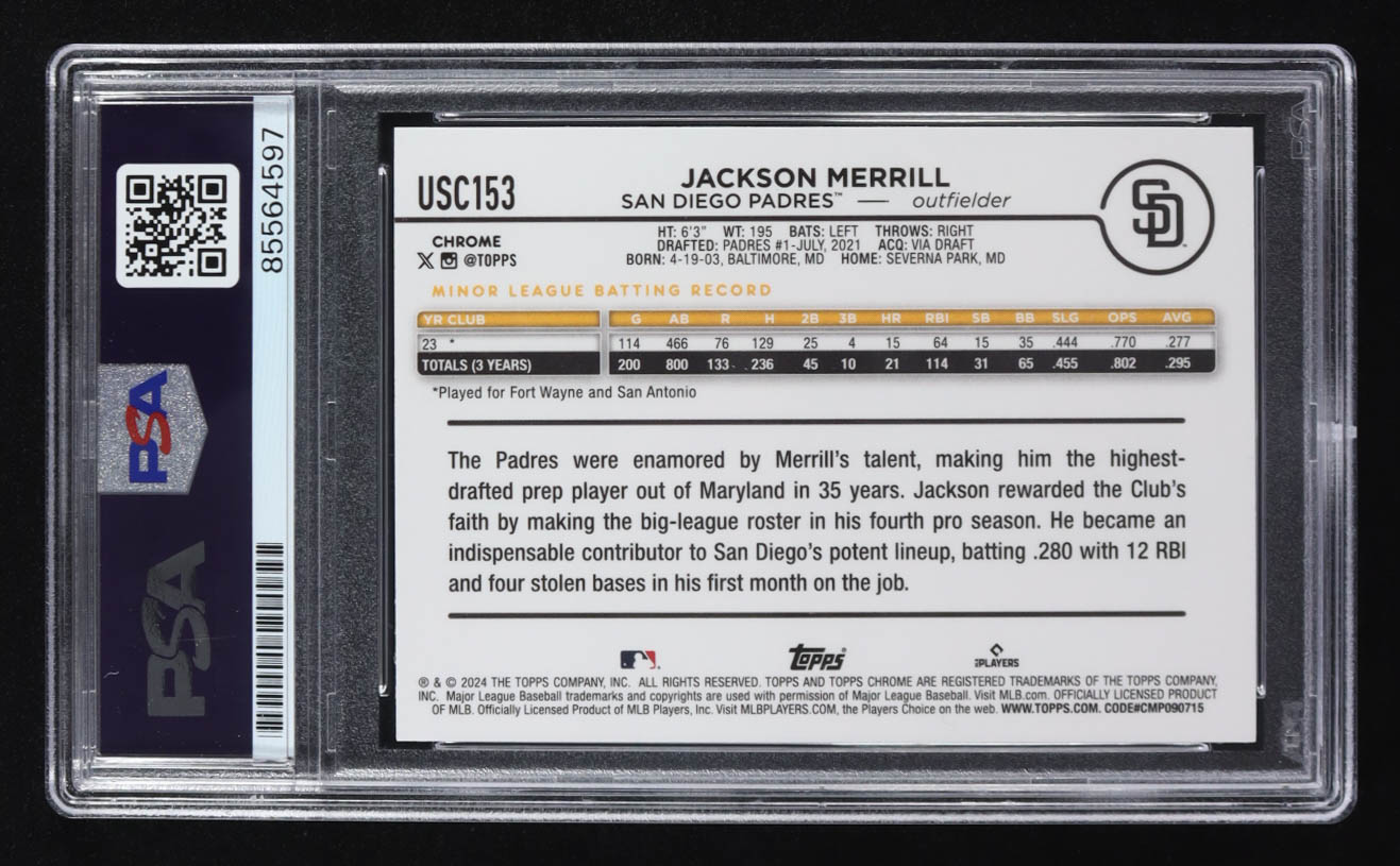 Jackson Merrill Signed 2024 Topps Chrome #USC153 RC (PSA | Autograph Graded PSA 10) at PristineAuction.com Jackson Merrill Signed 2024 Topps Chrome #USC153 RC (PSA | Autograph Graded PSA 10) at PristineAuction.com