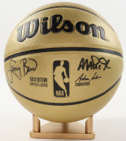 Magic Johnson & Larry Bird Signed NBA Gold Edition Basketball with Gold Display Stand (PSA & Beckett) at PristineAuction.com