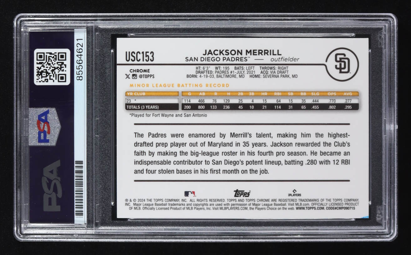 Jackson Merrill Signed 2024 Topps Chrome #USC153 RC (PSA | Autograph Graded PSA 10) at PristineAuction.com Jackson Merrill Signed 2024 Topps Chrome #USC153 RC (PSA | Autograph Graded PSA 10) at PristineAuction.com