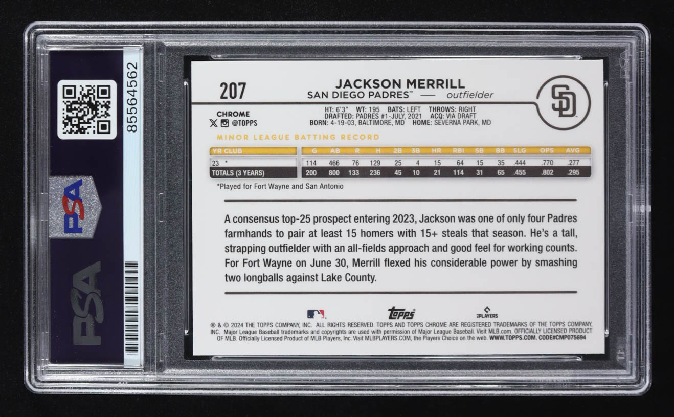 Jackson Merrill Signed 2024 Topps Chrome #207 RC (PSA | Autograph Graded PSA 10) at PristineAuction.com Jackson Merrill Signed 2024 Topps Chrome #207 RC (PSA | Autograph Graded PSA 10) at PristineAuction.com