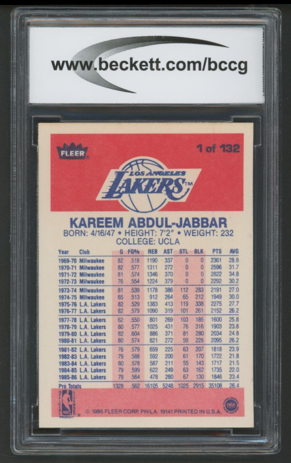 Kareem Abdul-Jabbar 1986-87 Fleer #1 (BCCG 10) at PristineAuction.com Kareem Abdul-Jabbar 1986-87 Fleer #1 (BCCG 10) at PristineAuction.com