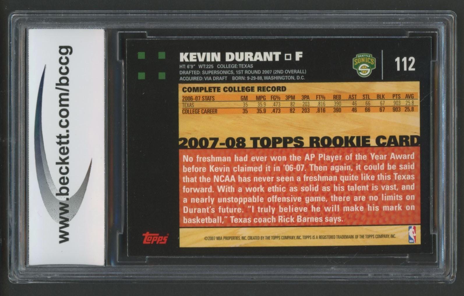 Kevin Durant 2007-08 Topps #112 RC (BCCG 9) at PristineAuction.com Kevin Durant 2007-08 Topps #112 RC (BCCG 9) at PristineAuction.com