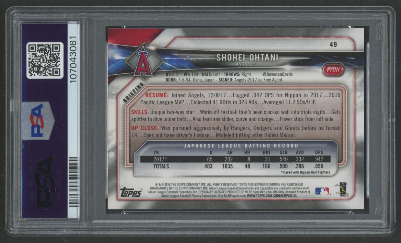 Shohei Ohtani 2018 Bowman #49 RC (PSA 9) at PristineAuction.com Shohei Ohtani 2018 Bowman #49 RC (PSA 9) at PristineAuction.com