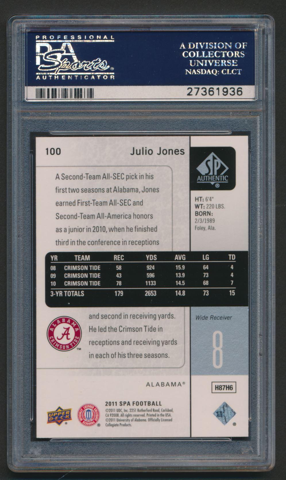 Julio Jones 2011 SP Authentic #100 RC (PSA 10) at PristineAuction.com Julio Jones 2011 SP Authentic #100 RC (PSA 10) at PristineAuction.com