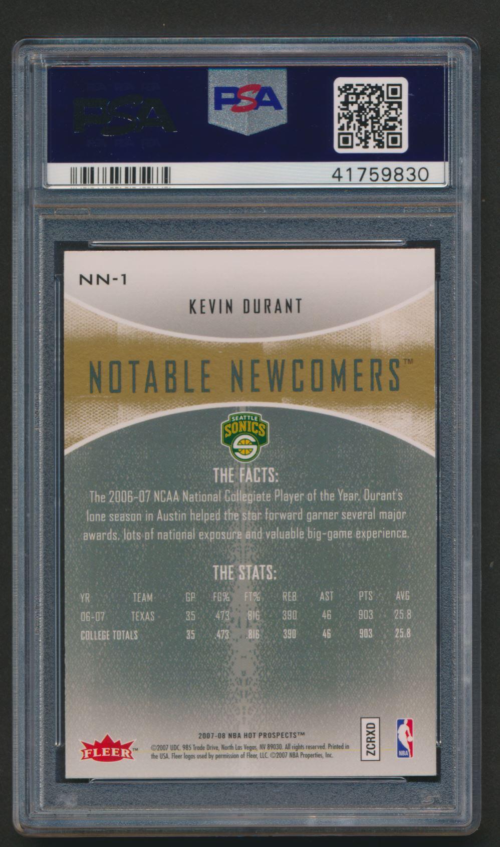 Kevin Durant 2007-08 Fleer Hot Prospects Notable Newcomers #NN-1 RC (PSA 10) at PristineAuction.com Kevin Durant 2007-08 Fleer Hot Prospects Notable Newcomers #NN-1 RC (PSA 10) at PristineAuction.com