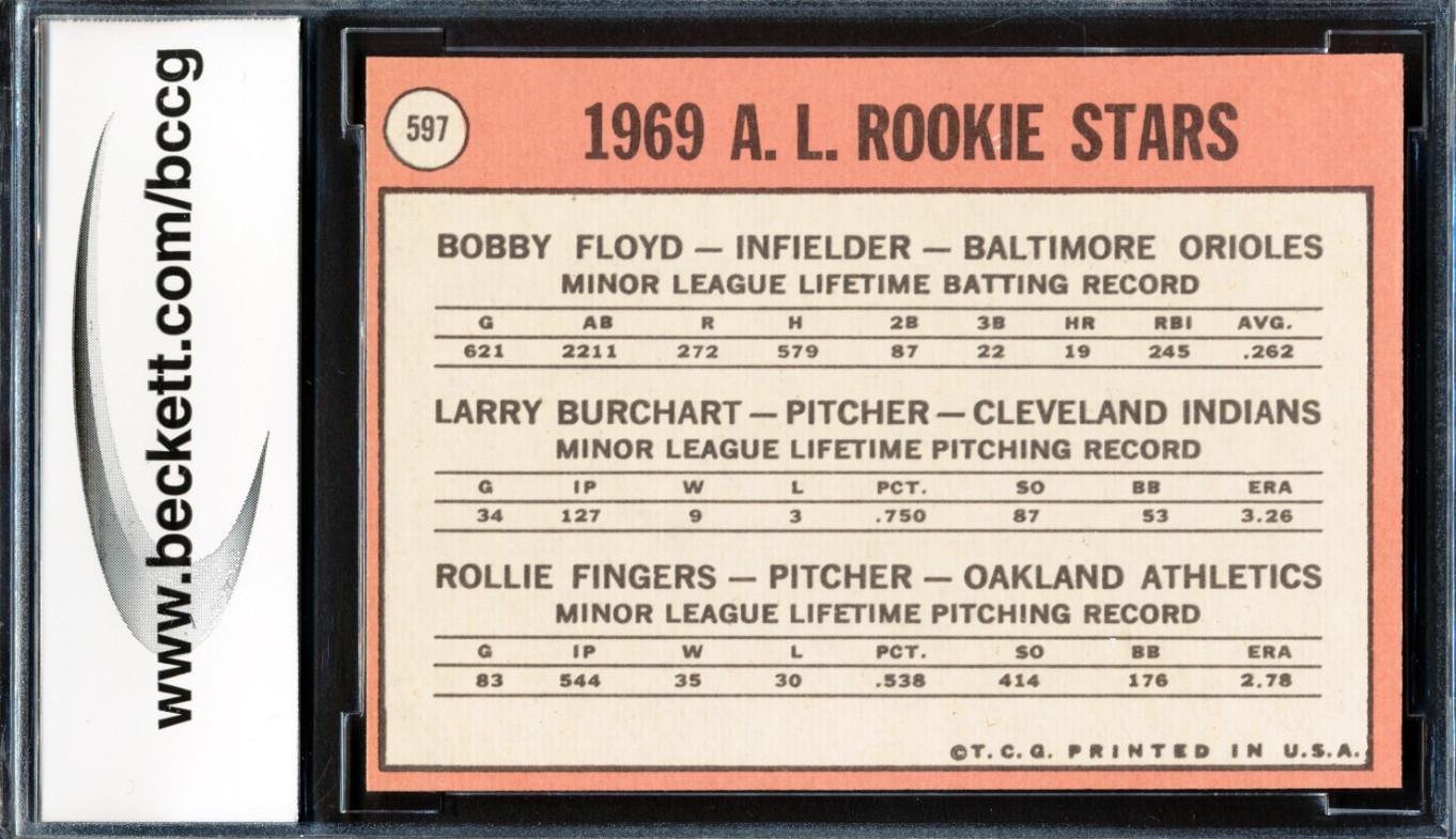 Bob Floyd / Larry Burchart / Rollie Fingers 1969 Topps #597 Rookie Stars RC (BCCG 9) at PristineAuction.com Bob Floyd / Larry Burchart / Rollie Fingers 1969 Topps #597 Rookie Stars RC (BCCG 9) at PristineAuction.com