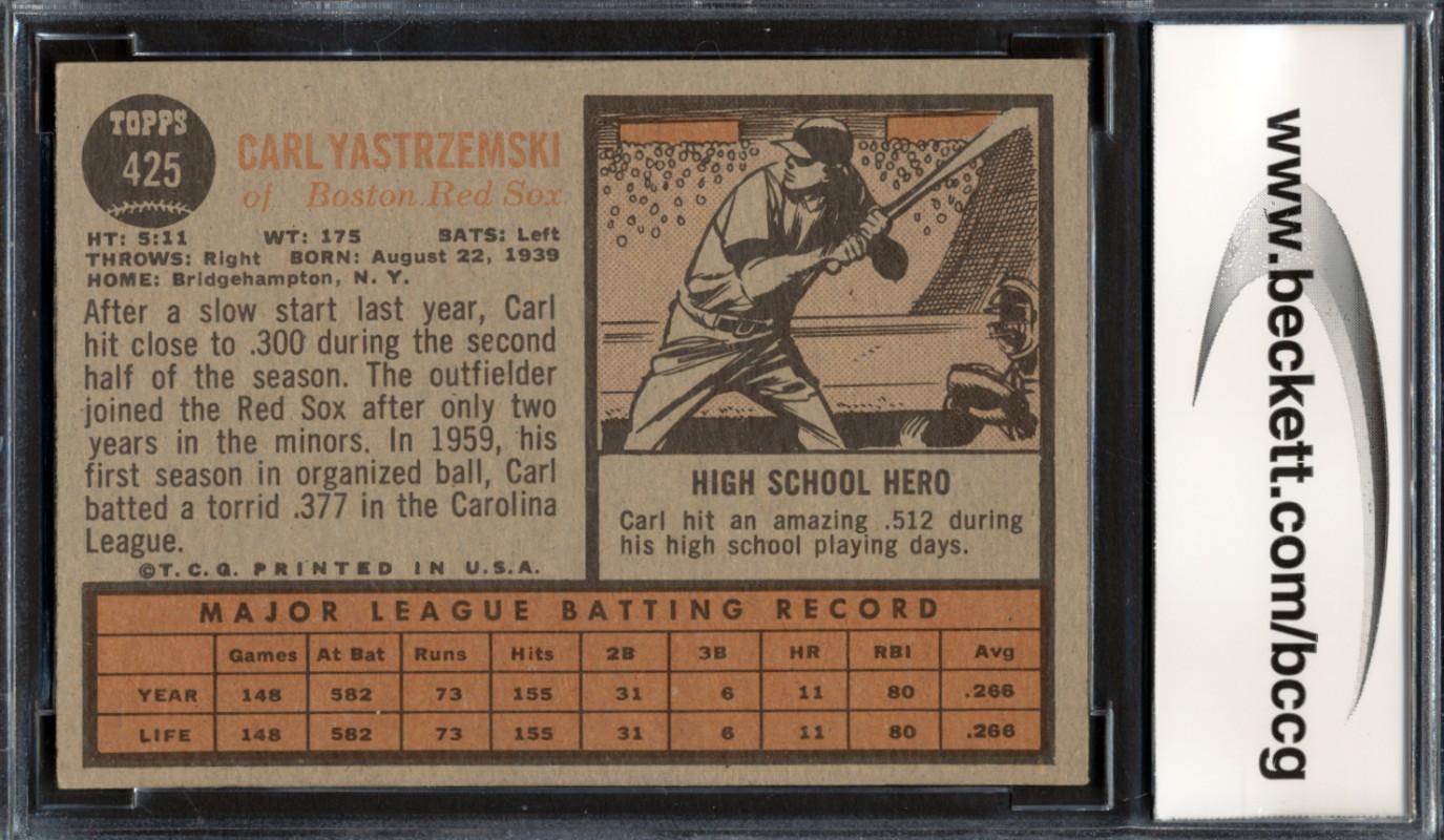 Carl Yastrzemski 1962 Topps #425 (BCCG 8) at PristineAuction.com Carl Yastrzemski 1962 Topps #425 (BCCG 8) at PristineAuction.com