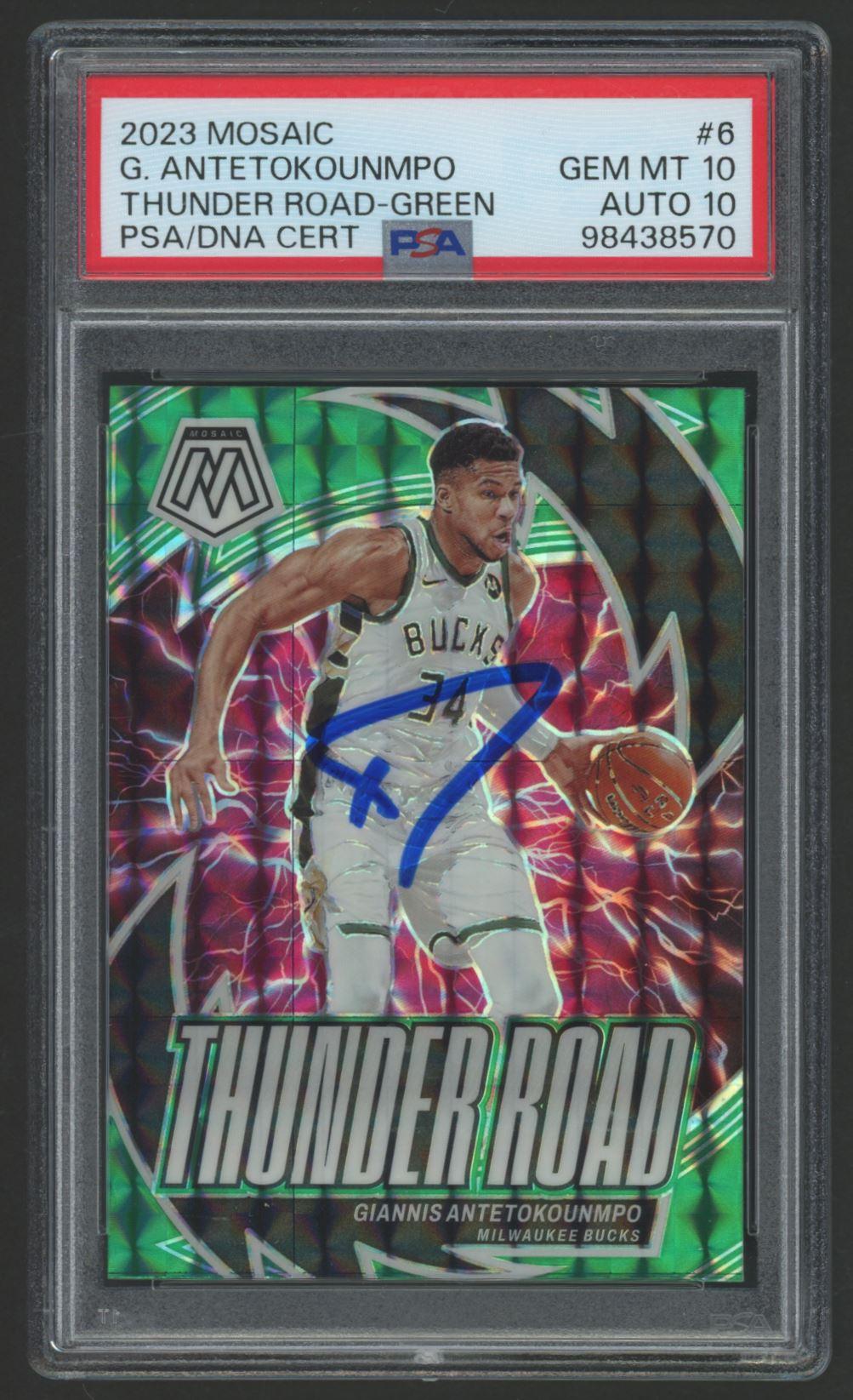 Giannis Antetokounmpo 2023 Mosaic Thunder Road Green #6 (PSA 10 | Autograph Graded 10) at PristineAuction.com Giannis Antetokounmpo 2023 Mosaic Thunder Road Green #6 (PSA 10 | Autograph Graded 10) at PristineAuction.com