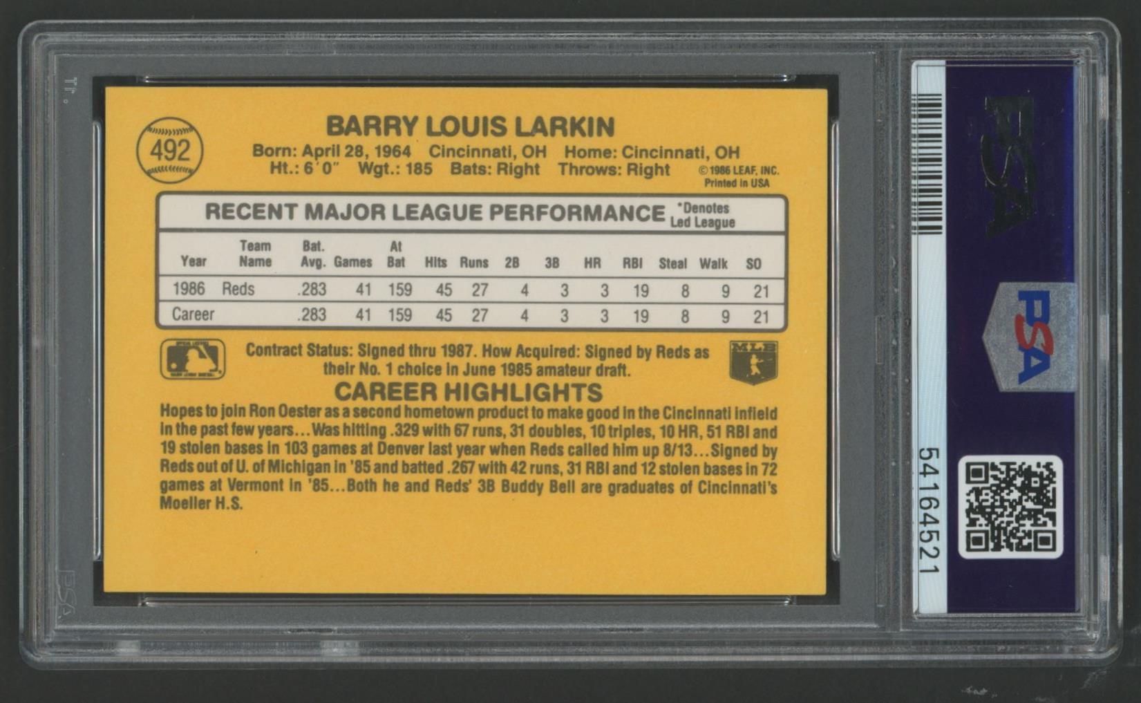 Barry Larkin 1987 Donruss #492 (PSA 10) at PristineAuction.com Barry Larkin 1987 Donruss #492 (PSA 10) at PristineAuction.com