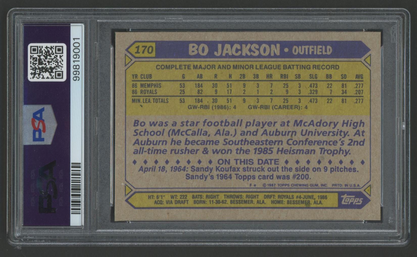 Bo Jackson 1987 Topps Future Stars #170 (PSA 9) at PristineAuction.com Bo Jackson 1987 Topps Future Stars #170 (PSA 9) at PristineAuction.com