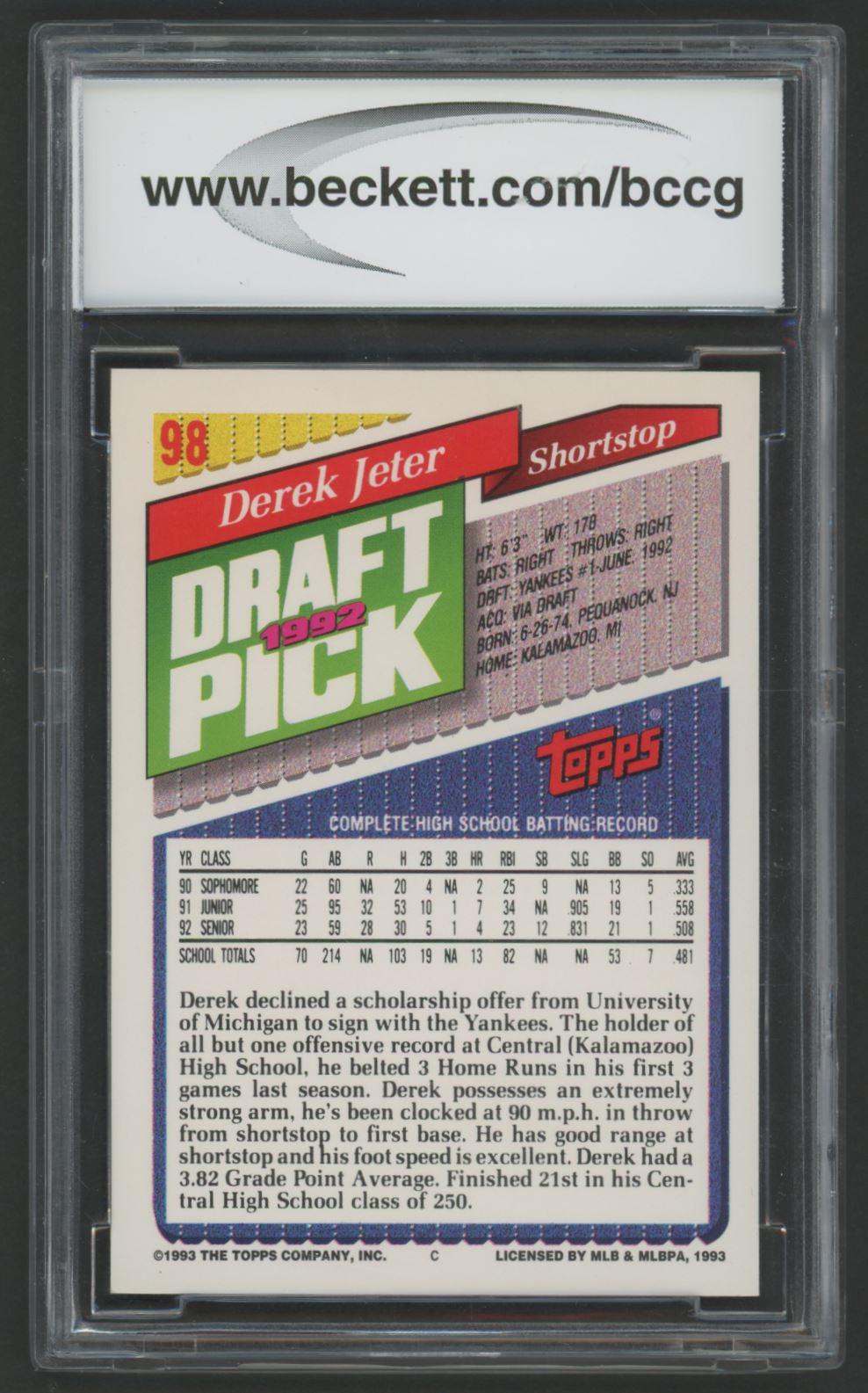 Derek Jeter 1993 Topps #98 RC (BCCG 9) at PristineAuction.com Derek Jeter 1993 Topps #98 RC (BCCG 9) at PristineAuction.com