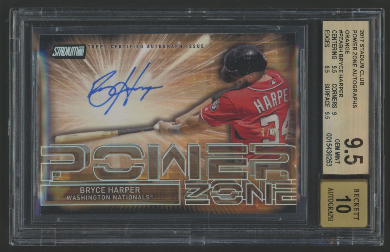 Bryce Harper 2017 Stadium Club Power Zone Autographs Orange #PZABH #/5 (BGS 9.5 | Autograph Graded 10) at PristineAuction.com Bryce Harper 2017 Stadium Club Power Zone Autographs Orange #PZABH #/5 (BGS 9.5 | Autograph Graded 10) at PristineAuction.com