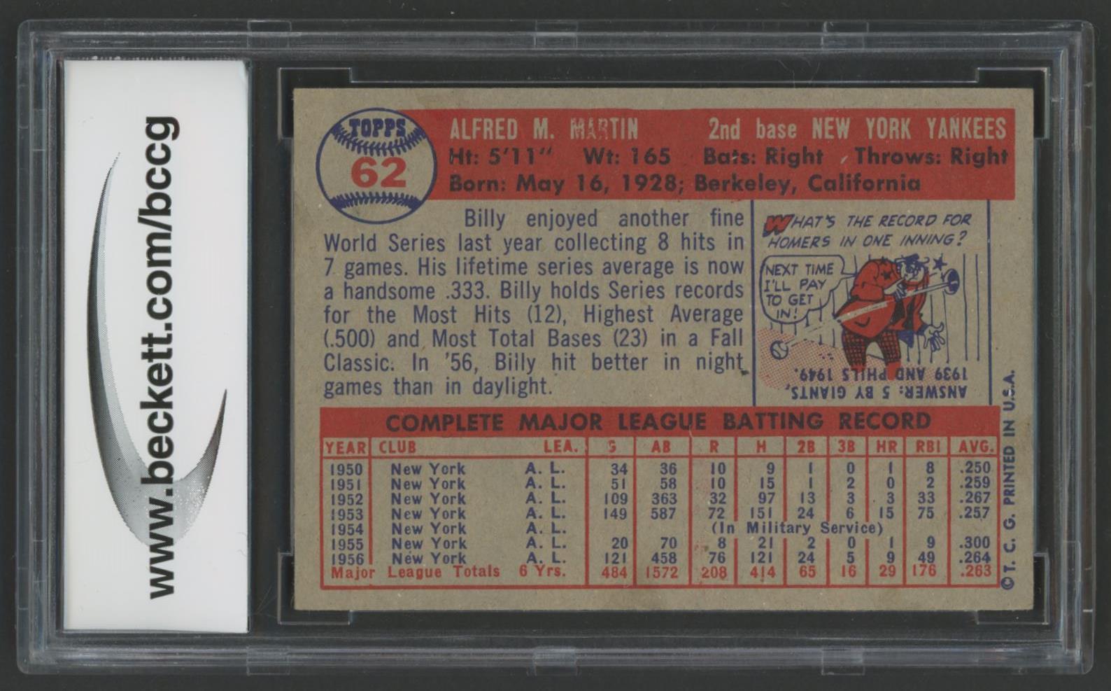 Billy Martin 1957 Topps #62 (BCCG 8) at PristineAuction.com Billy Martin 1957 Topps #62 (BCCG 8) at PristineAuction.com