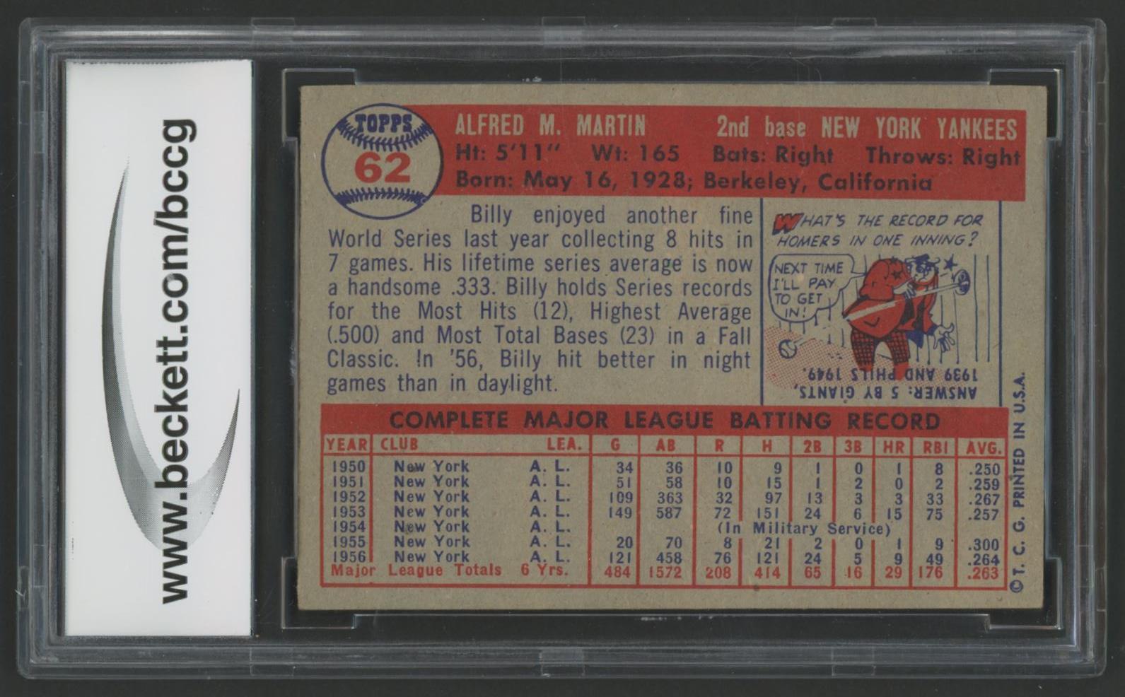 Billy Martin 1957 Topps #62 (BCCG 9) at PristineAuction.com Billy Martin 1957 Topps #62 (BCCG 9) at PristineAuction.com