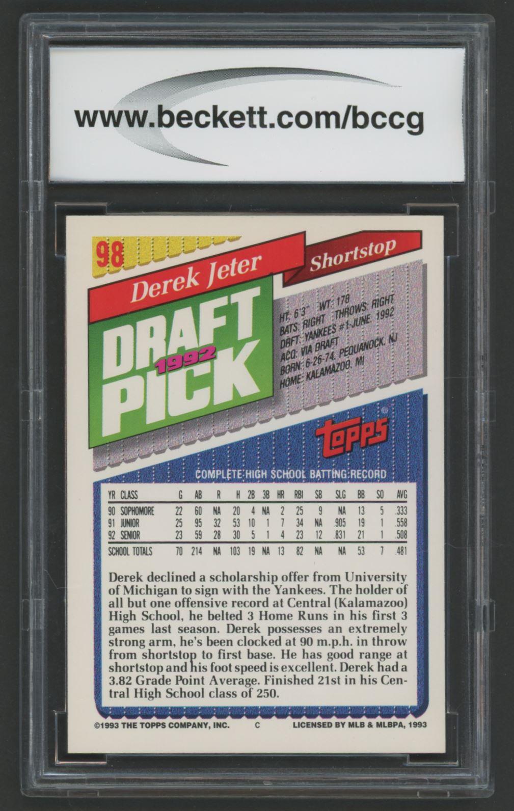 Derek Jeter 1993 Topps Gold #98 RC (BCCG 9) at PristineAuction.com Derek Jeter 1993 Topps Gold #98 RC (BCCG 9) at PristineAuction.com